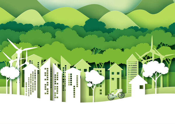 Эко-зеленый город. Save the world and environment concept Urban forest nature landscape for green energy paper art style.Vector illustration.