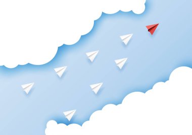 Mavi gökyüzünde uçan kağıt uçaklar. Kağıt sanatı tarzı iş liderliği ve takım çalışması yaratıcı kavram fikri. Vektör illüstrasyon.