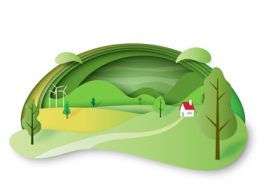 Yeşil ekoloji kavramı ve ev ve dağ kağıtları ile doğa manzarası soyut arkaplan kesimi. Vektör illüstrasyonu.