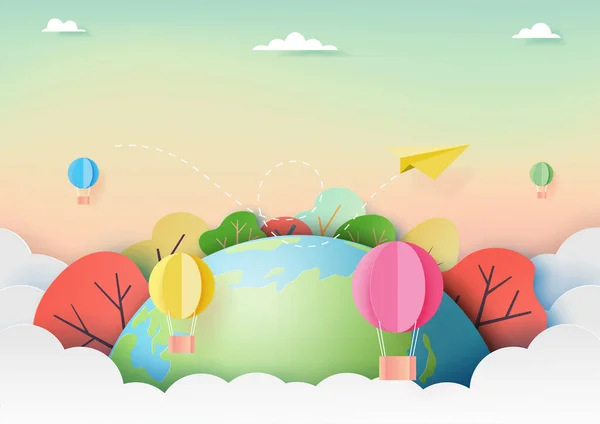 Kağıt Uçak Sıcak Hava Balonları Ile Dünyayı Dolaşmak Doğanın Arka — Stok Vektör