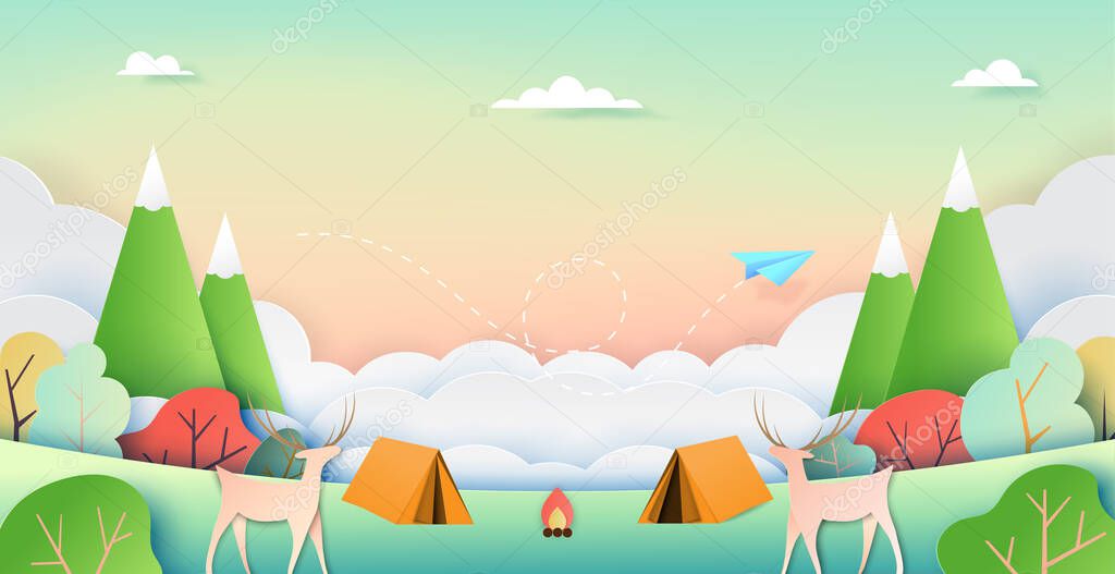 Summer camp and adventure in nature landscape background of holidays and vacation time.Paper art style vector illustration.