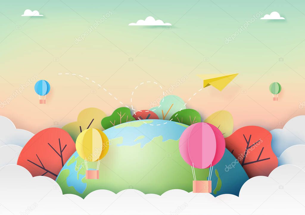 Travel around the world and adventure concept with paper airplane and hot air balloons on nature landscape background paper art style.Vector illustration.