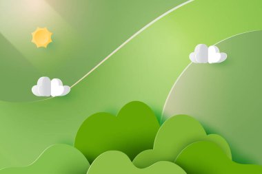 Yeşil doğa kağıt sanatı soyut arkaplan. Asgari manzara. Vektör illüstrasyonu.