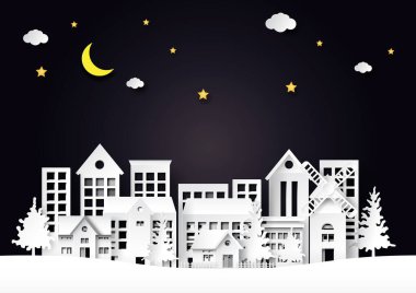 Yarım ay ve yıldız manzaralı güzel bir gece şehri. Kağıt kaplama arka plan. Vektör illüstrasyonu..