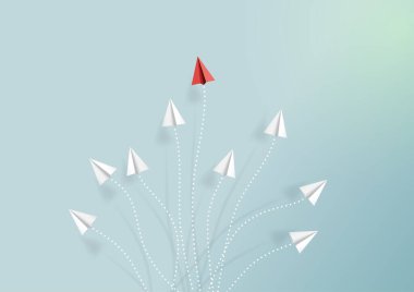 Mavi gökyüzünde uçan kağıt uçaklar ve bulutlu. İş dünyası takım çalışması yaratıcı kavram fikri. Vektör illüstrasyonu