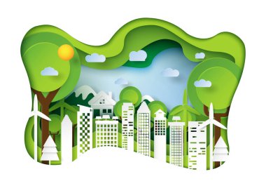 Doğa manzarası ve çevre dostu kavram. Çevrenin korunması için yeşil şehir kavramsal tasarım kağıt sanat stili. Vektör illüstrasyonu.