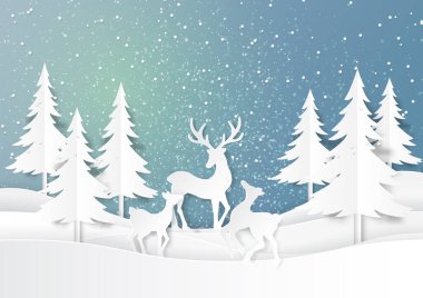 Doğa manzarası ve kar altında neşeli bir aile. Mutlu noeller ve mutlu yeni yıl kağıt sanatları için. Vektör illüstrasyonu..