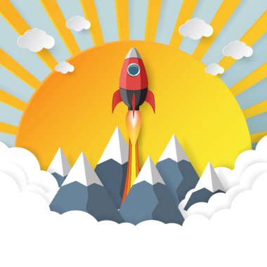 Roket gemisi, bulutlu, dağlı ve güneşli kağıt resim ikonu fırlatıyor. İş konsepti tasarımını başlat. Vektör illüstrasyonuName.