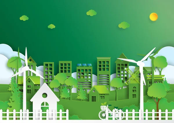 Naturaleza Paisaje Fondo Papel Arte Style Green Ciudad Ecológica Energías — Archivo Imágenes Vectoriales