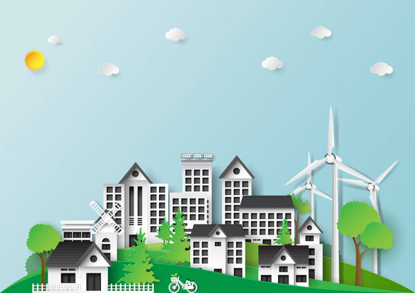 Зеленый город и городской ландшафтный стиль бумаги art design.Eco дружественных и возобновляемых источников энергии концепции охраны окружающей среды дизайн template.Vector иллюстрация.