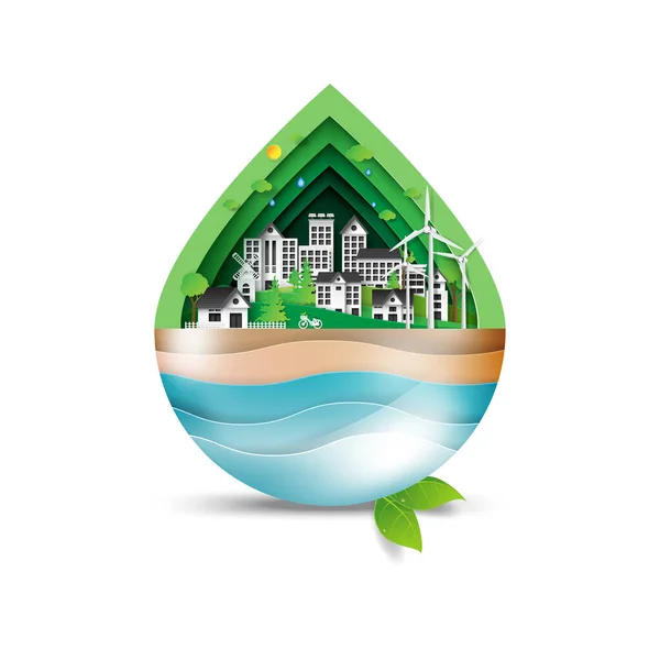 Grüne Öko Stadt Form Von Wassertropfen Idee Zum Umwelt Und — Stockvektor