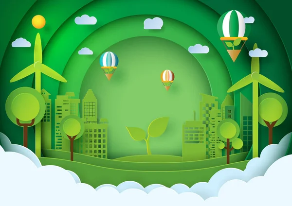 Экологически Чистый Концепт Paper Art Style Green City Environment Conservation — стоковый вектор