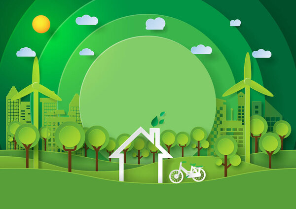 Зеленый абстрактный дизайн фона. Бумажный стиль природного ландшафта и концепция экологической среды города..