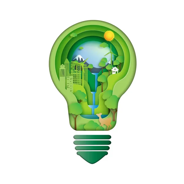 Oszczędność Energii Kreatywny Pomysł Koncept Paper Rzeźba Żarówki Zielonym Eko — Wektor stockowy