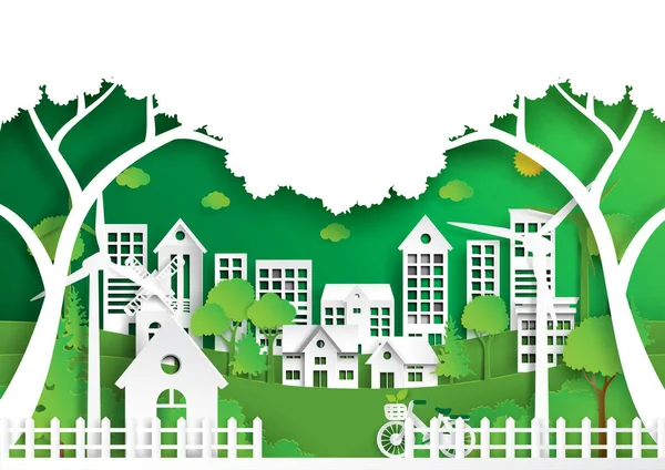 Nature Landscape Background Paper Art Style Green Eco City Environment — Stock Vector