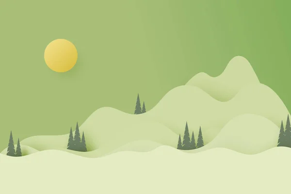 Зеленый Лес Природы Горы Ландшафтный Пейзаж Баннер Фоновый Бумажный Стиль — стоковый вектор