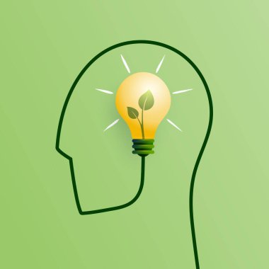 Ampul ve yeşil santralli insan kafası. Pozitif düşünce ve yeşil enerji kavramı. Ekoloji ve çevresel sürdürülebilir kaynaklar koruma. Vektör illüstrasyonu