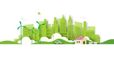 Alternatif Enerji ve Ekoloji Konsepti. Elektrikli Araba ve Yeşil Eko Şehri arka planı. Çevre koruma kaynağı sürdürülebilir. Vektör illüstrasyonu.