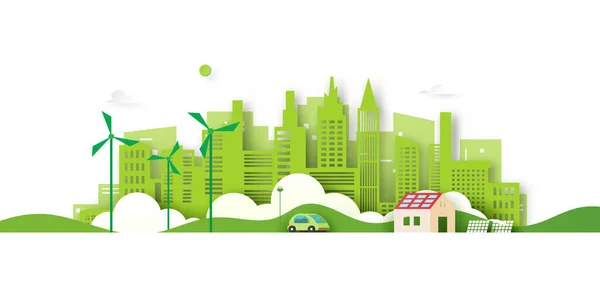 Alternatif Enerji Ekoloji Konsepti Elektrikli Araba Yeşil Eko Şehri Arka — Stok Vektör
