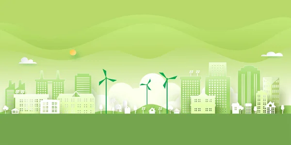 Ecologie Concept Met Groene Eco Stad Achtergrond Milieubehoud Hulpbronnen Vector — Stockvector