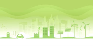 Ekoloji kavramı. Alternatif yenilenebilir enerji. Elektrikli araba ve yeşil çevre şehri geçmişi. Çevre koruma kaynağı sürdürülebilir..