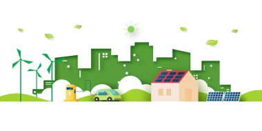 Alternatif Enerji ve Ekoloji Konsepti. Elektrikli Araba ve Yeşil Eko Şehri arka planı. Çevre koruma kaynağı sürdürülebilir. Vektör illüstrasyonu.