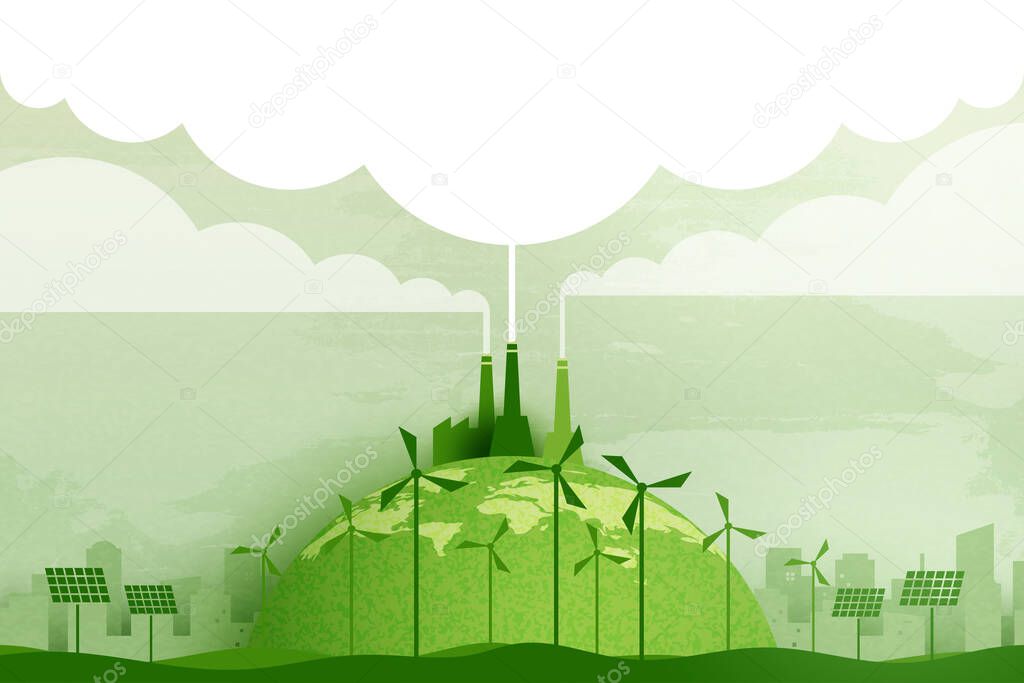 Green industry and alternative renewable energy.Green eco friendly cityscape background.Paper art of ecology and environment concept.Vector illustration.