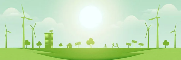 Aile Yeşil Parktaki Açık Hava Faaliyetlerini Seviyor Yeşil Çevre Kenti — Stok Vektör