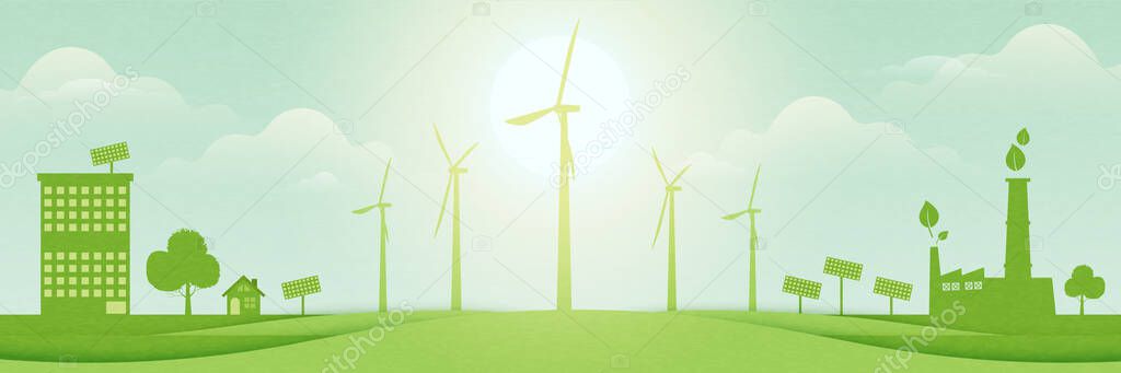 Green eco city on nature landscape background.Sustainable energy for Environment and Ecology concept.Vector illustration.