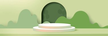 3d kağıt, soyut, asgari geometrik şablon şablonu kesiyor. Yeşil doğa manzarası üzerine beyaz silindir podyum. Vektör illüstrasyonu.