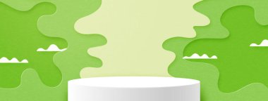 3d kağıt, soyut, asgari geometrik şablon şablonu kesiyor. Yeşil doğa manzarası üzerine beyaz silindir podyum. Vektör illüstrasyonu.