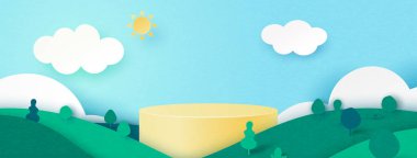 3d kağıt soyut minimetrik şekil şablonu kesiyor. Yaz mevsimi doğal manzara üzerine sarı silindir podyumu. Vektör illüstrasyonu.