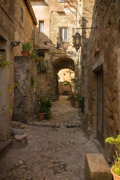 Enge Gepflasterte Straße Der Mittelalterlichen Stadt Calcata Vecchia Italien — Stockfoto