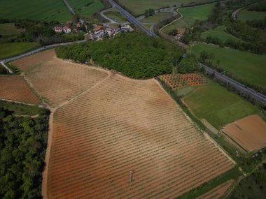 İtalya 'nın Toskana kentindeki ortaçağ Monteriggioni kasabası yakınlarındaki bir tarlanın havadan görünüşü