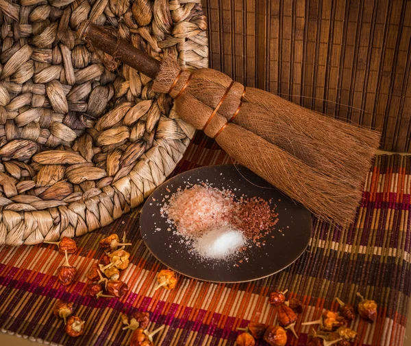 Salt, pepper and spices on table — Stock Photo, Image