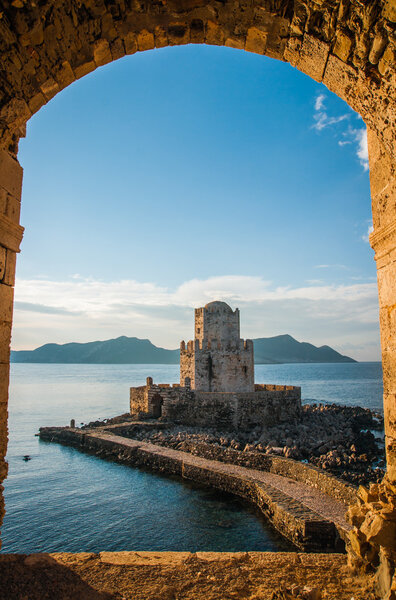 Seascape and ruins of fortress of Methoni