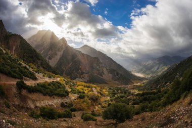 Dağ güneş ışığı altında sonbahar manzarası