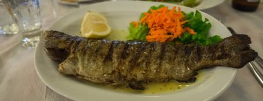 Balık, sebze ve otlar ile natürmort