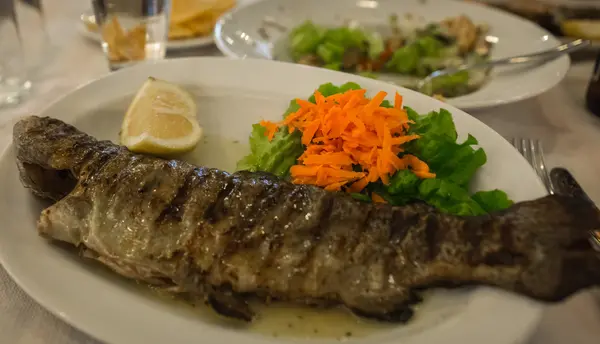 Natureza morta com peixe, verduras e ervas — Fotografia de Stock