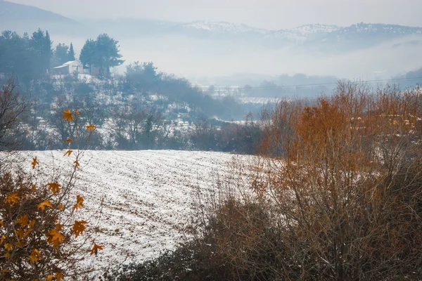 Bellissimo paesaggio con casetta in collina, neve e nebbia — Foto Stock