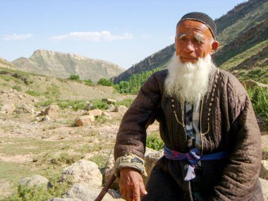 Boysun, Özbekistan - 8 Haziran 2007: Boysuntau Dağları 'ndaki bir kayanın üzerinde oturan geleneksel Özbek elbiseli yaşlı adam.