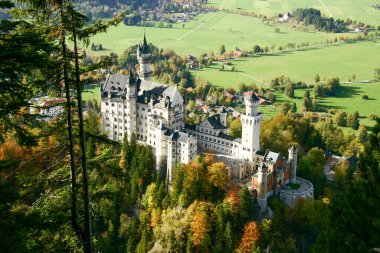 Almanya, Bavyera 'daki Neuschwanstein Şatosu Panorama Manzarası