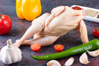 Gri masada baharatlı ve sebzeli çiğ tavuk. 