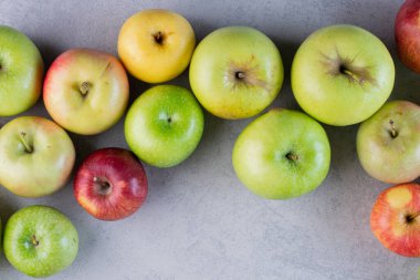 Gri arkaplanda taze olgun elmalar.