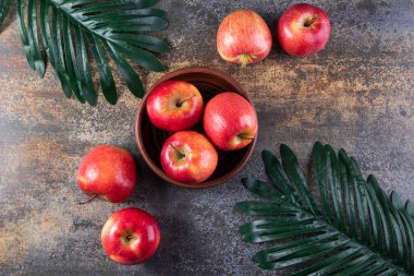 Koyu bir arka planda olgun kırmızı elmalar. en üstteki görünüm.
