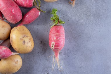 Gri arka planda taze organik sebzeler 