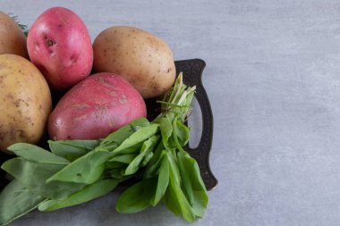 Gri arka planda taze organik patates 