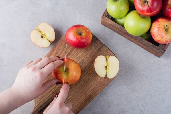 Wwoman Cutting Fresh Apple Kitchen Table Free Space Text — Stock Photo, Image