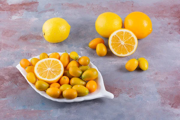 Fresh Ripe Fruits Grey Background — Stock Photo, Image