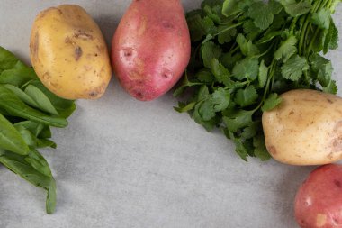 Gri arka planda taze organik patates 